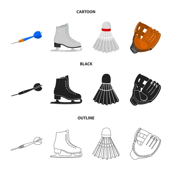 Дартс дартс, белые коньки, шаттл бадминтона, перчатка для game.Sport набор иконки коллекции в мультфильме, черный, очертания стиль векторных символов иллюстрации веб . — стоковый вектор