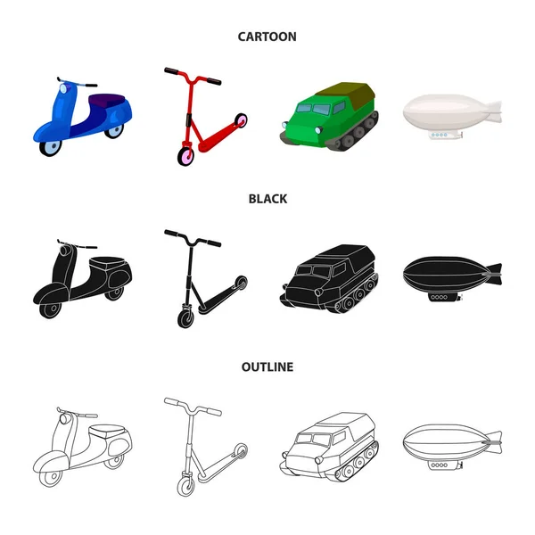 Motorrad, Motorroller, gepanzerte Mannschaftstransportwagen, Flugzeugtypen. Transport set sammlung symbole in cartoon, schwarz, umriss stil vektor symbol stock illustration web. — Stockvektor