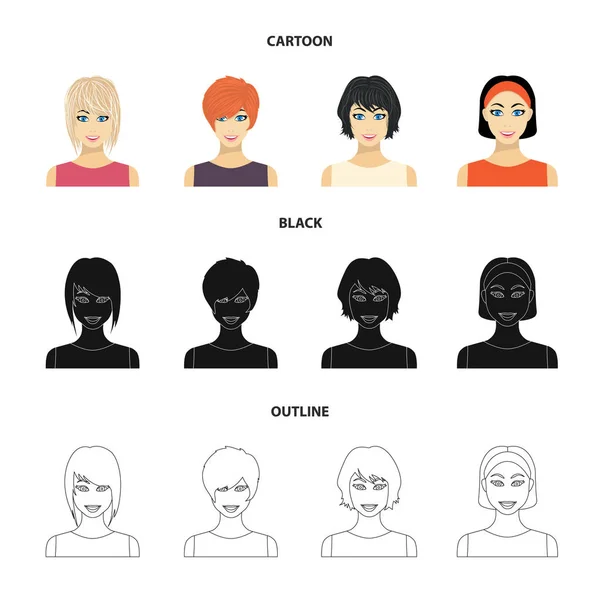Types of female hairstyles cartoon, black, outline icons in set collection for design. Внешний вид веб-иллюстрации женского векторного символа . — стоковый вектор