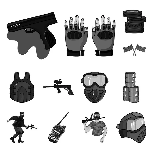 Paintball, iconos monocromáticos del juego de equipo en la colección del sistema para el diseño. Equipo y equipo vector símbolo stock web ilustración . — Vector de stock