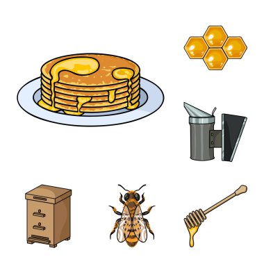 Set koleksiyonu tasarım için arı kovanı ve arıcılık karikatür simgeler. Ekipman ve bal üretim sembol stok web illüstrasyon vektör.