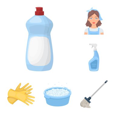 Temizlik ve hizmetçi set koleksiyonu tasarım için simgeleri karikatür. Vektör simge stok web illüstrasyon Temizleme için donatım.