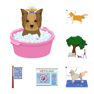 Set koleksiyonu tasarım için evde beslenen hayvan karikatür simgeler. Bakım ve eğitim sembol stok web illüstrasyon vektör.