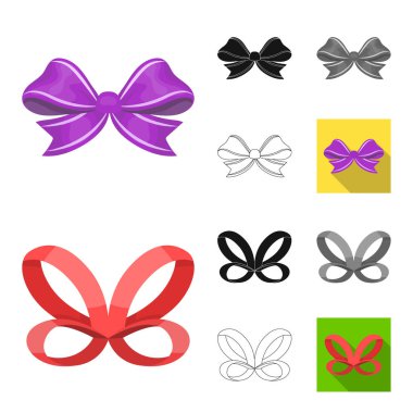 Çok renkli yay çizgi film, siyah, düz, siyah-beyaz anahat simgeleri set koleksiyonu tasarım için. Dekorasyon vektör simge stok web çizim için yay.