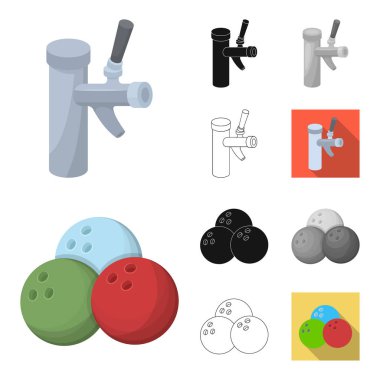 Pub, iç ve ekipman çizgi film, siyah, düz, siyah-beyaz anahat simgeleri set koleksiyonu tasarım için. Alkol ve yiyecek sembol stok web illüstrasyon vektör.