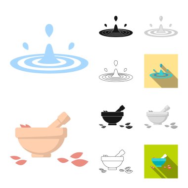 Spa salonu ve ekipmanları çizgi film, siyah, düz, siyah-beyaz anahat simgeleri set koleksiyonu tasarım için. Rahatlama ve dinlenme sembol stok web illüstrasyon vektör.