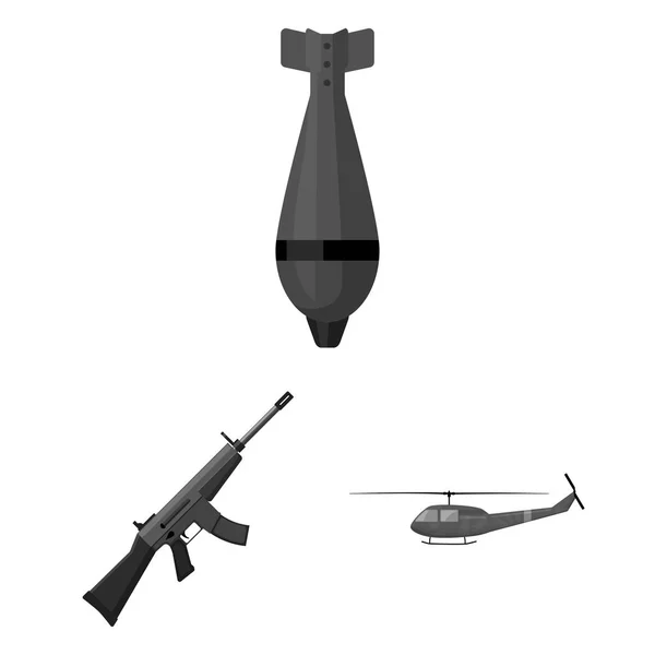 Ejército y armamento iconos monocromáticos en colección de conjuntos para el diseño. Armas y equipo vector símbolo stock web ilustración . — Archivo Imágenes Vectoriales