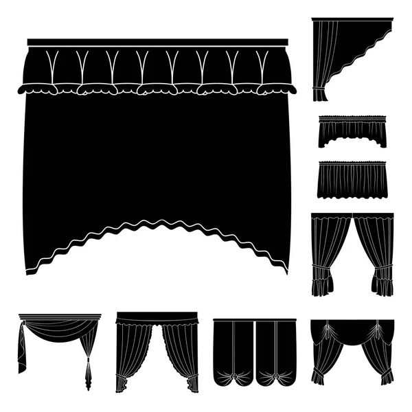 Diferentes tipos de cortinas iconos negros en la colección de conjuntos para el diseño. Cortinas y lambrequines vector símbolo stock web ilustración . — Archivo Imágenes Vectoriales