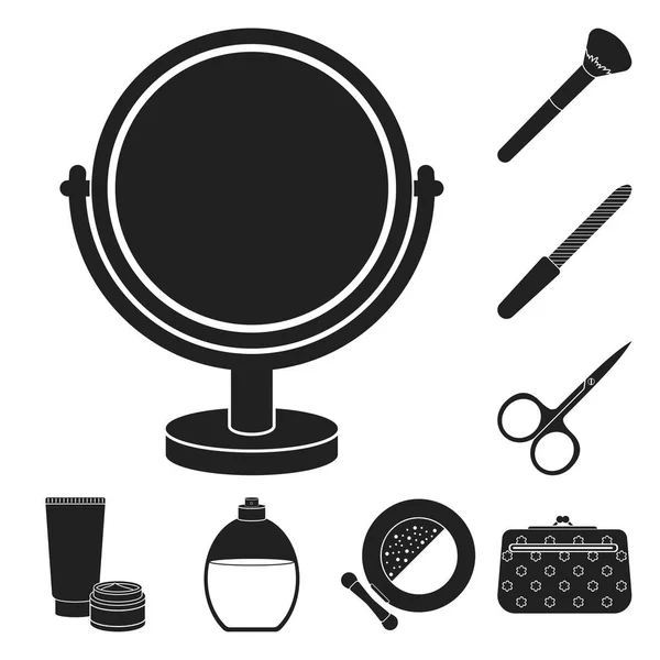 Maquillaje y cosméticos iconos negros en la colección de conjuntos para el diseño. Maquillaje y equipo vector símbolo stock web ilustración . — Vector de stock