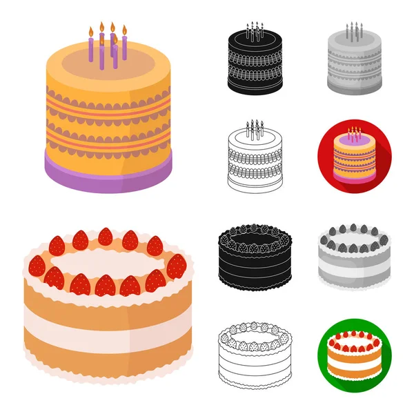 Cake Dessert Cartoon Black Flat Monochrome Outline Icons Set Collection — стоковый вектор