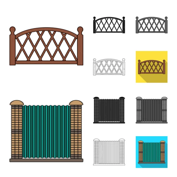 Farklı çit çizgi film, siyah, düz, siyah-beyaz anahat simgeleri set koleksiyonu tasarım için. Dekoratif vektör simge stok illüstrasyon eskrim.