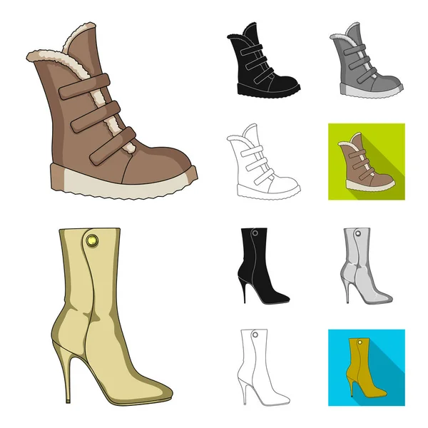 Diferentes zapatos de dibujos animados, negro, plano, monocromo, iconos de contorno en la colección de conjuntos para el diseño. Hombres y mujeres zapatos vector símbolo stock web ilustración . — Vector de stock