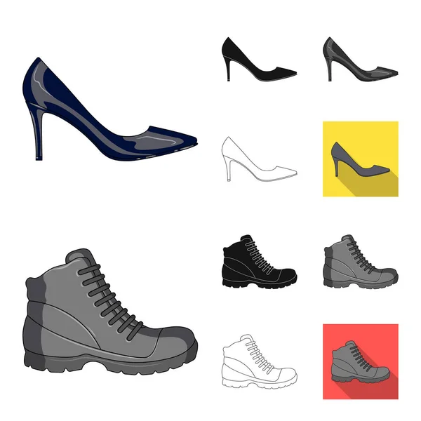 Diferentes zapatos de dibujos animados, negro, plano, monocromo, iconos de contorno en la colección de conjuntos para el diseño. Hombres y mujeres zapatos vector símbolo stock web ilustración . — Vector de stock