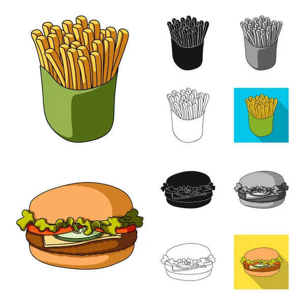 Szybkie jedzenie kreskówka, czarne, płaskie, monochromatyczne, zarys ikony w kolekcja zestaw do projektowania. Żywności z półproduktów symbol web czas ilustracja wektorowa. — Wektor stockowy