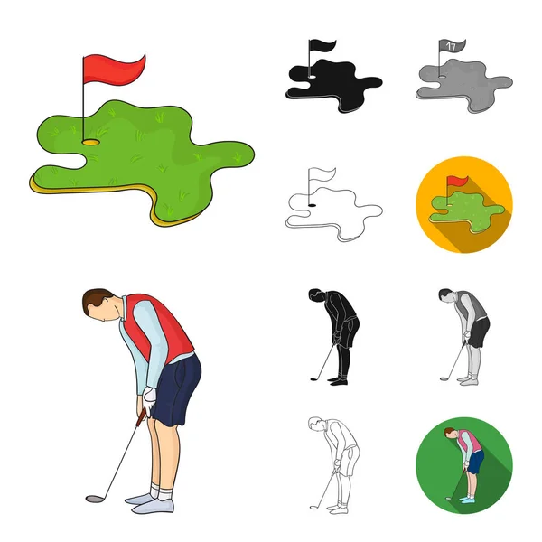 Golf und Attribute Cartoon, schwarz, flach, monochrom, Umrisssymbole in Set-Kollektion für Design. Golfschläger und Ausrüstung Vektor-Symbol Stock Web-Illustration. — Stockvektor