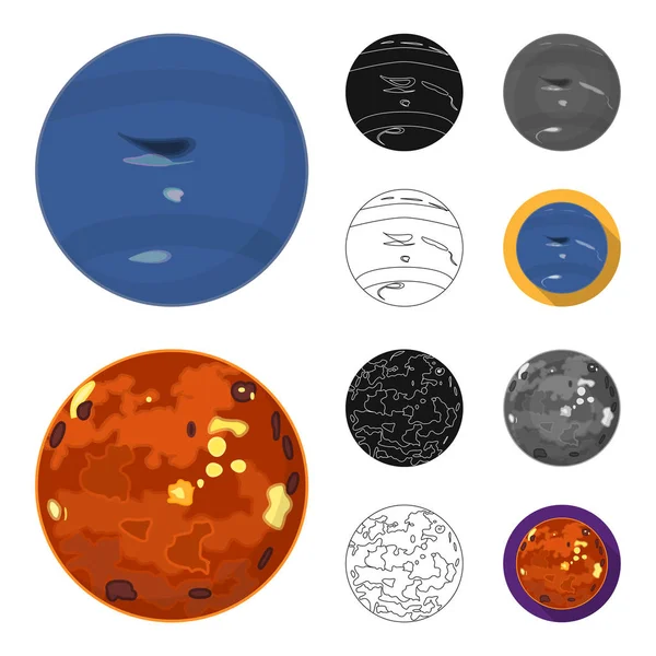 Los planetas del sistema solar de dibujos animados, negro, plano, monocromo, esbozan iconos en la colección de conjuntos para el diseño. Cosmos y astronomía vector símbolo stock web ilustración . — Vector de stock