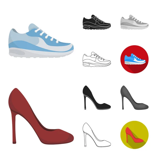 Una variedad de zapatos de dibujos animados, negro, plano, monocromo, iconos de contorno en la colección de conjuntos para el diseño. Bota, zapatillas vector símbolo stock web ilustración . — Vector de stock