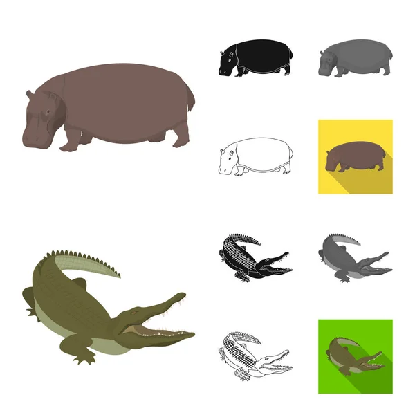 Verschillende dieren tekenfilm, zwart, plat, zwart-wit en pictogrammen in set collectie voor ontwerp schetsen. Vogel, predator en herbivoor symbool voorraad web vectorillustratie. — Stockvector