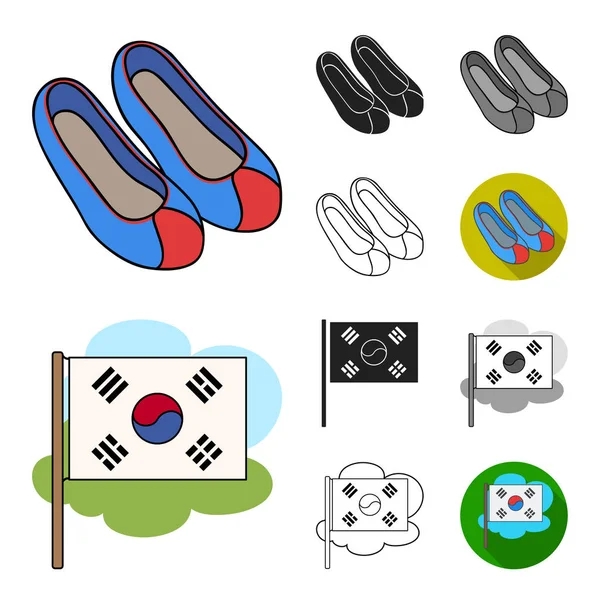 País Corea del Sur dibujos animados, negro, plano, monocromo, iconos de contorno en la colección de conjuntos para design.Travel y vector de atracción símbolo stock web ilustración . — Vector de stock