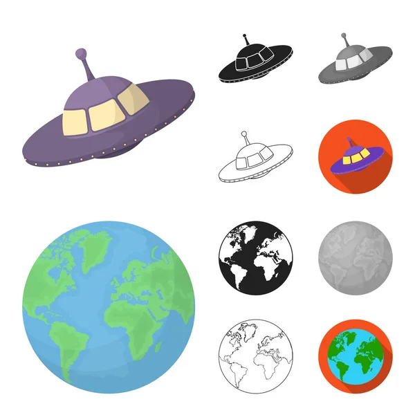 Dibujos animados de tecnología espacial, negro, plano, monocromo, iconos de contorno en la colección de conjuntos para el diseño. nave espacial y equipo vector símbolo stock web ilustración . — Archivo Imágenes Vectoriales