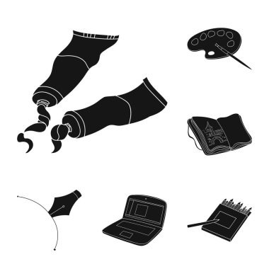 Ressam ve set koleksiyonu tasarım için çizim siyah simgeler. Sanatsal aksesuarları sembol stok web illüstrasyon vektör.