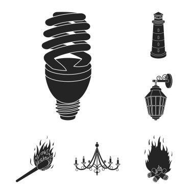 Set koleksiyonu tasarım için ışık kaynağı siyah simgeler. Işık ve ekipman sembol stok web illüstrasyon vektör.