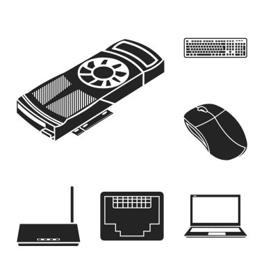 Set koleksiyonu tasarım için kişisel bilgisayar siyah simgeler. Ekipman ve aksesuarları sembol stok web illüstrasyon vektör.