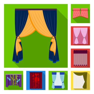 Perde çeşitleri set koleksiyonu tasarım için simgeleri düz. Perdeler ve Saçakların sembol stok web illüstrasyon vektör.