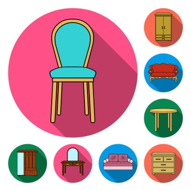 Mobilya ve enteriyör düz simgeler set koleksiyonu tasarım için. Ev mobilyaları vektör simge stok web çizimi.