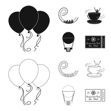 Roller coaster binmek, balon sepet, caruelle Kupası, parkın girişinde bir bilet ile. Eğlence Parkı toplama simgeler siyah, anahat stili vektör simge stok çizim web içinde ayarla..