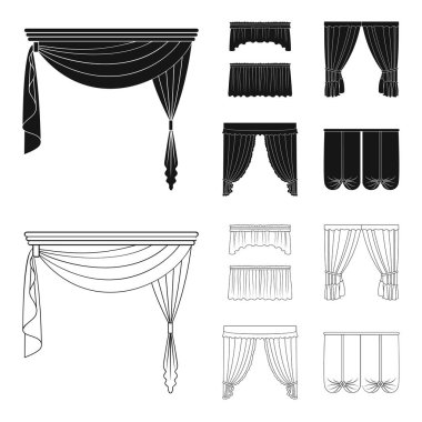 Pencere perdeleri farklı türleri. Perdeleri toplama simgeler siyah, anahat stili vektör simge stok çizim web içinde ayarla..