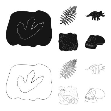 Deniz dinozor, triceratops, tarih öncesi bitki, insan kafatası. Dinozor ve tarih öncesi dönemi simgeler siyah, anahat stili vektör simge stok çizim web ayarla.