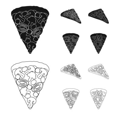 Bir dilim pizza farklı malzemelerle. Farklı pizza toplama simgeler siyah, anahat stili vektör simge stok çizim web içinde ayarla..