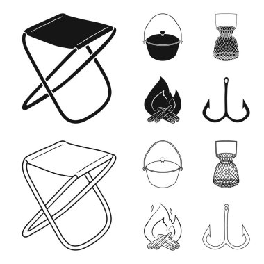 Catch, kanca, kafes, pudra. Balık tutma toplama simgeler siyah, anahat stili vektör simge stok çizim web içinde ayarla..