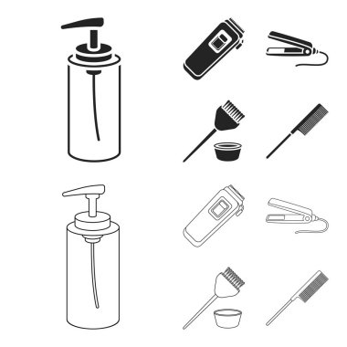 Trim, saç boyama, tarak, saç ucuna ulaştığınızda Düzleştiriciyi. Kuaför toplama simgeler siyah, anahat stili vektör simge stok çizim web içinde ayarla..