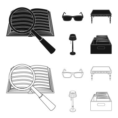 Gözlük, ahşap bir masa, bir zemin lamba, kitap olan bir kutu. Bir kütüphane ve bir kitapçı toplama simgeler siyah, anahat stili vektör simge stok çizim web ayarla.