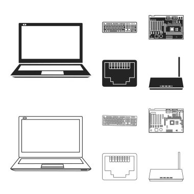Klavye, yönlendirici, anakart ve bağlayıcı. Kişisel bilgisayar toplama simgeler siyah, anahat stili vektör simge stok çizim web içinde ayarla..