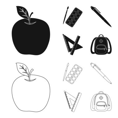 Çok renkli boyalar bir Püskül, kalem, üçgen ve cetvel, el çantası, evrak çantası ile. Okul ve eğitim toplama simgeler siyah, anahat stili vektör simge stok çizim web ayarla.