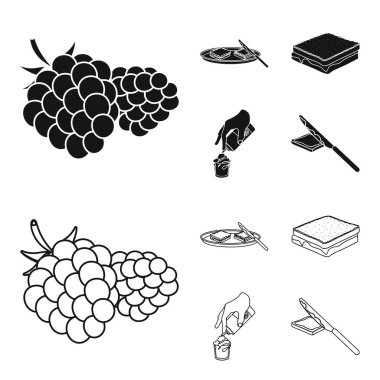 Tatlı krema, bir sandviç ve diğer gıda ile. Yiyecek toplama simgeler siyah, anahat stili vektör simge stok çizim web içinde ayarla..