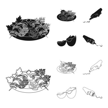 Şiş kebap sebze, ketçap ve hardal, kırık yumurta yemek için baharat. Gıda ve yemek toplama simgeler siyah, anahat stili vektör simge stok çizim web ayarla.
