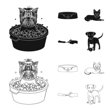 Tembel bir evcil hayvan, pençeleri veteriner Kliniği, kırpma, köpek yalan, bir top ile köpek yavrusu için. Veteriner Kliniği ve evde beslenen hayvan, köpek bakım toplama simgeler siyah, anahat stili vektör simge stok çizim web içinde ayarlayın..