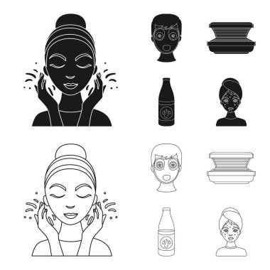 Yüz maskesi, Solaryum, şişe ts lasenom, yüzünde sivilce. Cilt Bakımı toplama simgeler siyah, anahat stili vektör simge stok çizim web içinde ayarla..