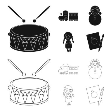 Train.kukla, resim. Oyuncak toplama simgeler siyah, anahat stili vektör simge stok çizim web içinde ayarla..