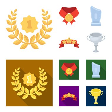 Kazanan için rekabet, Kristal Ödülü, yıldız ile bir şerit, bir madalya kırmızı şerit üzerinde ilk etapta. Kupalar ve ödüller çizgi film, düz stil vektör simge stok simgeler ayarla