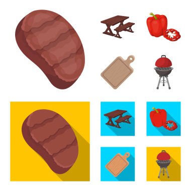 Kızarmış biftek, gevşeme, tatlı biber, kesme tahtası için bir Bank ile tablo. Barbekü toplama simgeler çizgi film, düz stil vektör simge stok çizim web ayarla. .