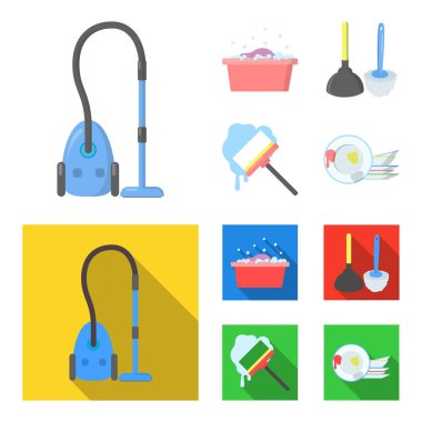 Temizlik ve hizmetçi çizgi film, düz simgeler toplama tasarımı için ayarlayın. Vektör simge stok web illüstrasyon Temizleme için donatım.