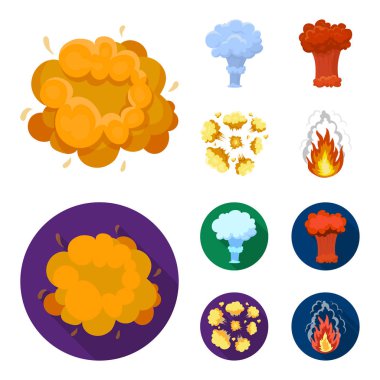 Alevi, kıvılcım, hidrojen parçaları, atom veya gaz patlaması. Patlamalar toplama simgeler çizgi film, düz stil vektör simge stok çizim web ayarla..