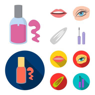 Tırnak Lehçe, renkli kirpikler, dudaklarla ruj, saç tokası. Makyaj çizgi film, düz stil vektör simge stok çizim web simgeler ayarla.