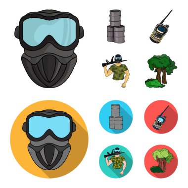 Ekipman, maske, varil, barikat. Paintball toplama simgeler çizgi film, düz stil vektör simge stok çizim web ayarla..