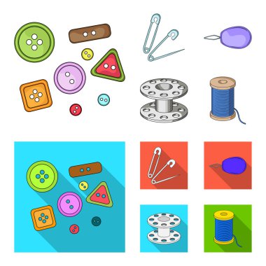 Düğmeleri, iğne, bobin ve iş parçacığı. Dikiş veya araçları terzilik çizgi film, düz stil vektör simge stok çizim web simgeler ayarla.